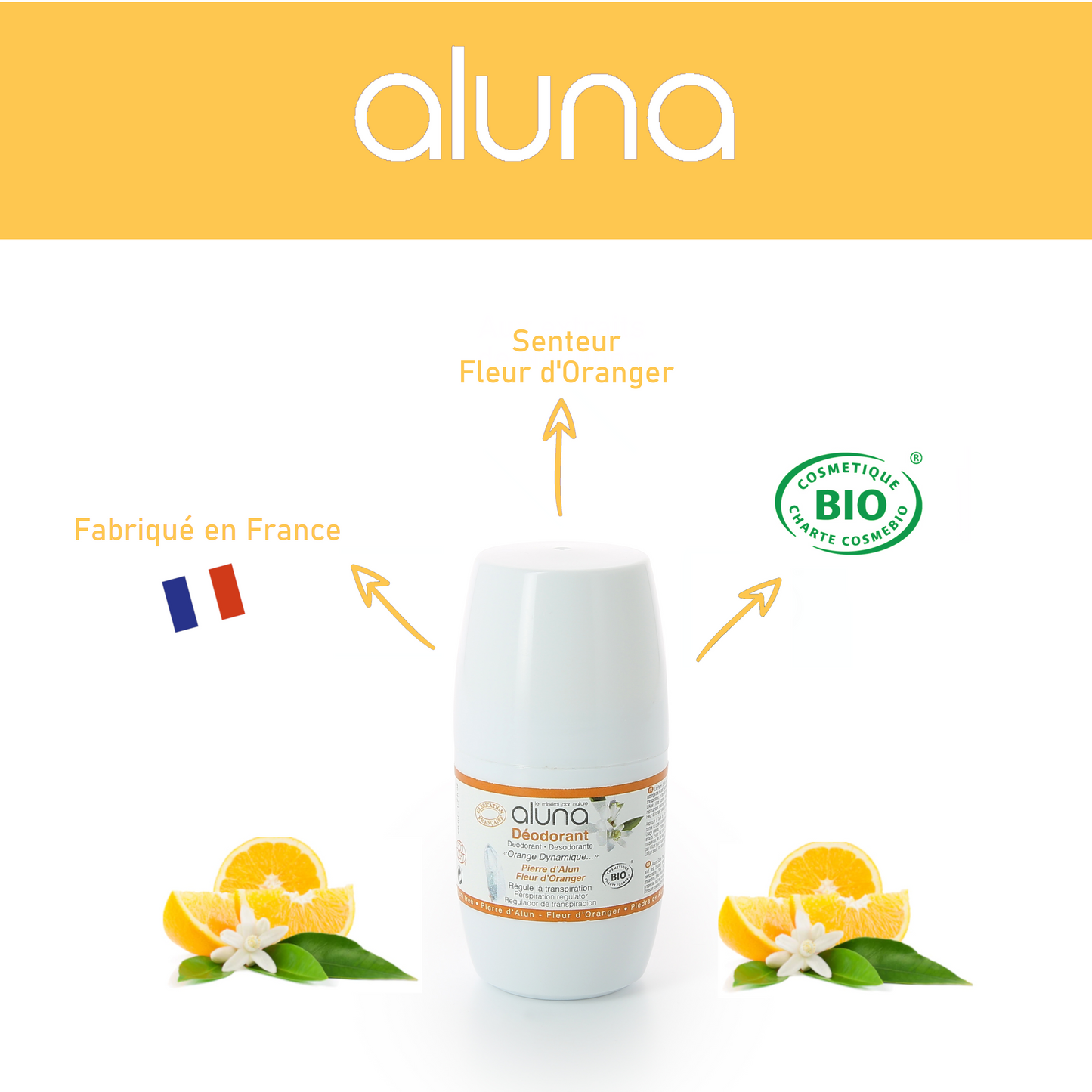 ALUNA - Roll on déodorant certifié BIO Fleur d'Oranger - Orange Dynamique - 50ml