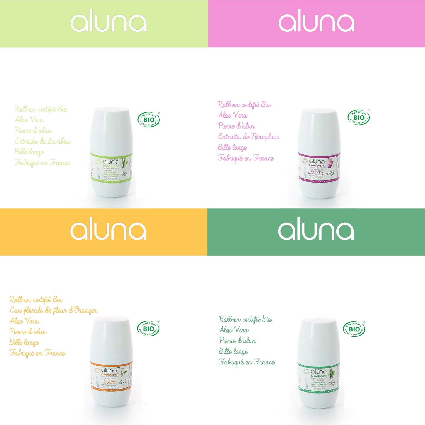 ALUNA - Roll on déodorant certifié BIO Fleur d'Oranger - Orange Dynamique - 50ml