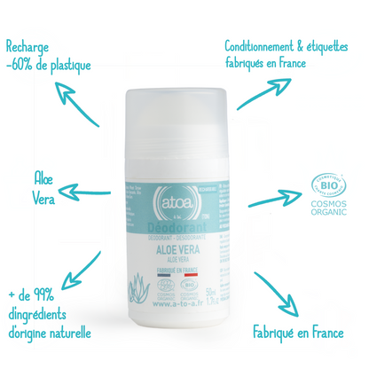 ATOA - Roll on déodorant Aloe Vera - COSMOS ORGANIC - RECHARGEABLE