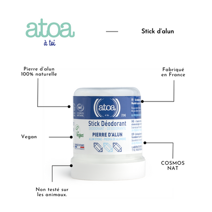 ATOA - Stick déodorant Pierre d'alun certifié COSMOS NAT