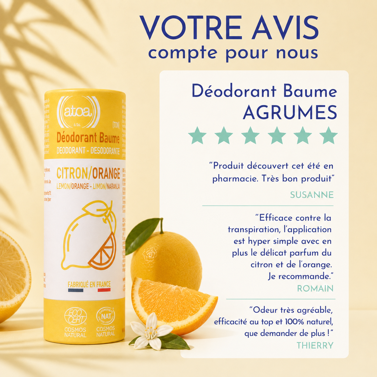 ATOA - Déodorant Baume Agrumes certifié COSMOS NATURAL