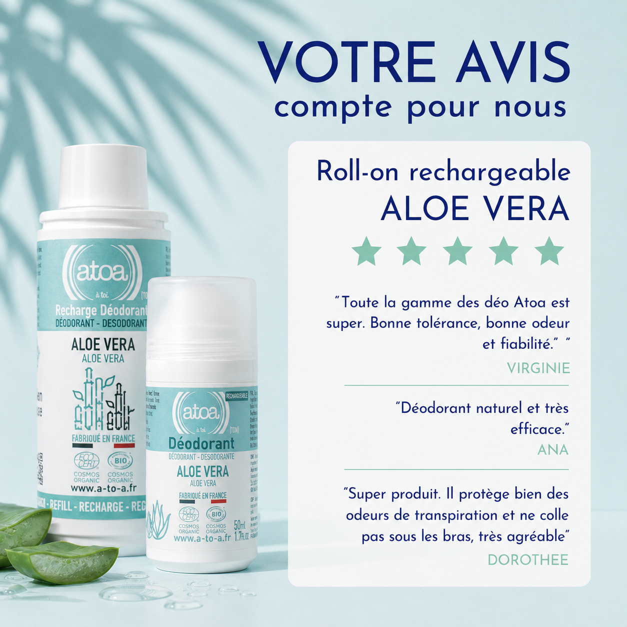 ATOA - Roll on déodorant Aloe Vera - COSMOS ORGANIC - RECHARGEABLE