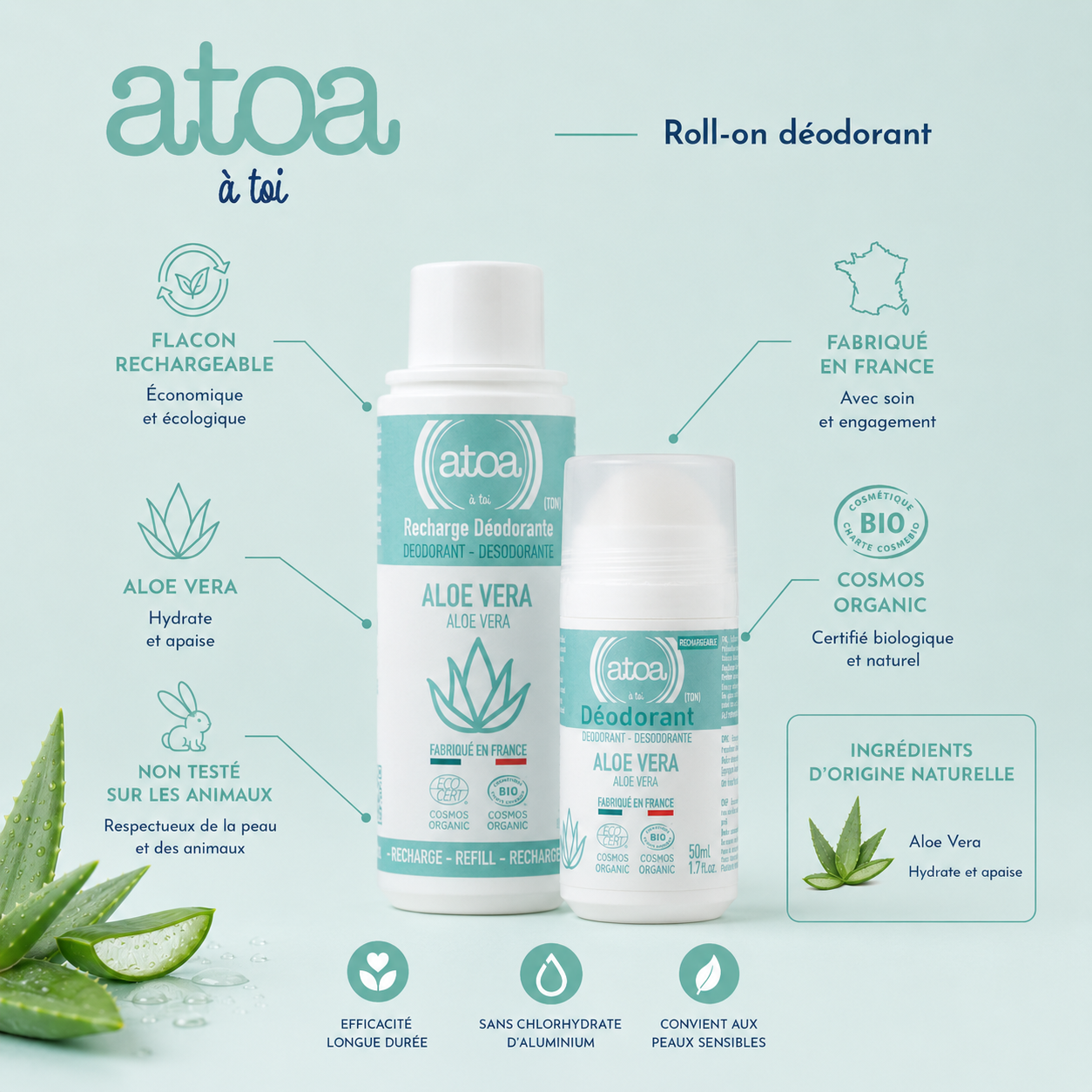 ATOA - Roll on déodorant Aloe Vera - COSMOS ORGANIC - RECHARGEABLE