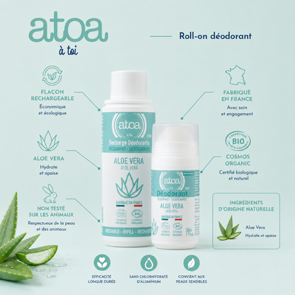ATOA - Roll on déodorant Aloe Vera - COSMOS ORGANIC - RECHARGEABLE