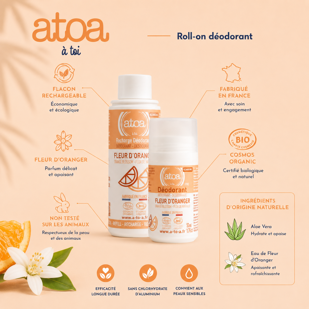 ATOA - Roll on déodorant Fleur d'Oranger - COSMOS ORGANIC - RECHARGEABLE