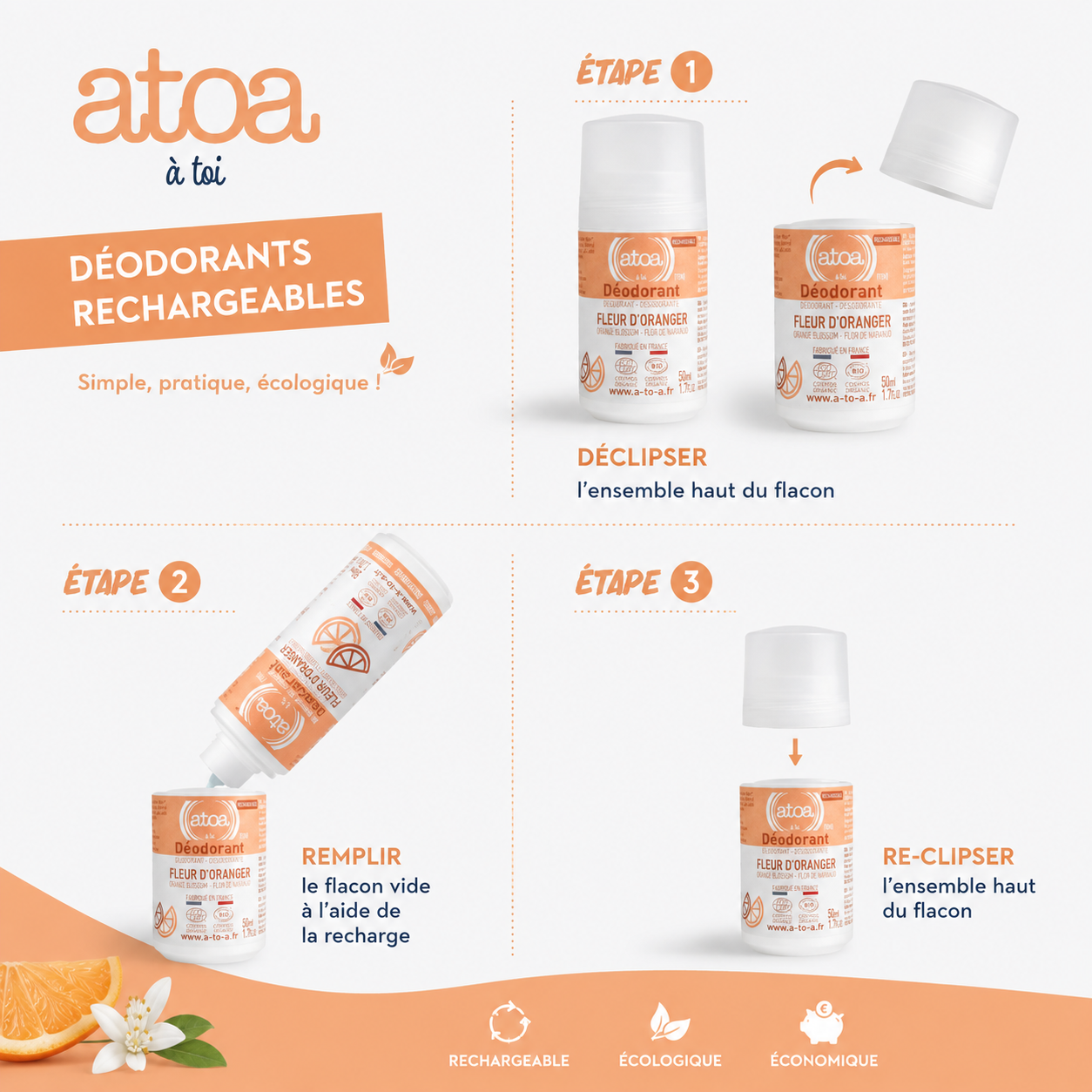 ATOA - Roll on déodorant Fleur d'Oranger - COSMOS ORGANIC - RECHARGEABLE