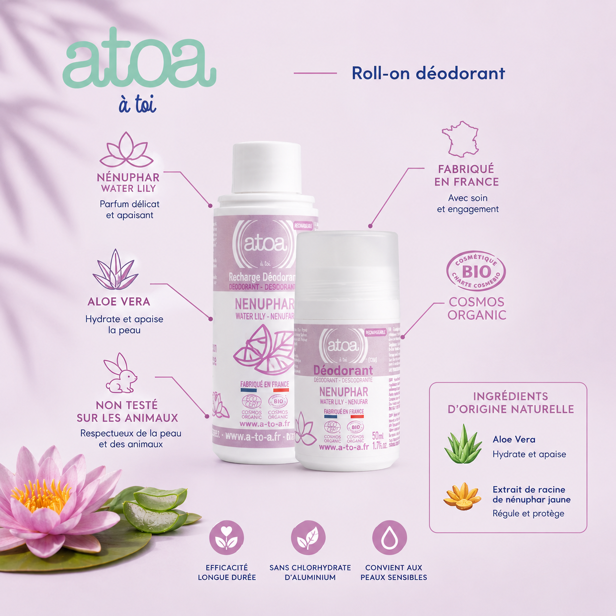 ATOA - RECHARGE Roll on déodorant Nénuphar - COSMOS ORGANIC