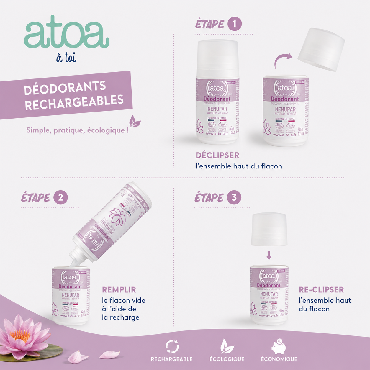 ATOA - RECHARGE Roll on déodorant Nénuphar - COSMOS ORGANIC