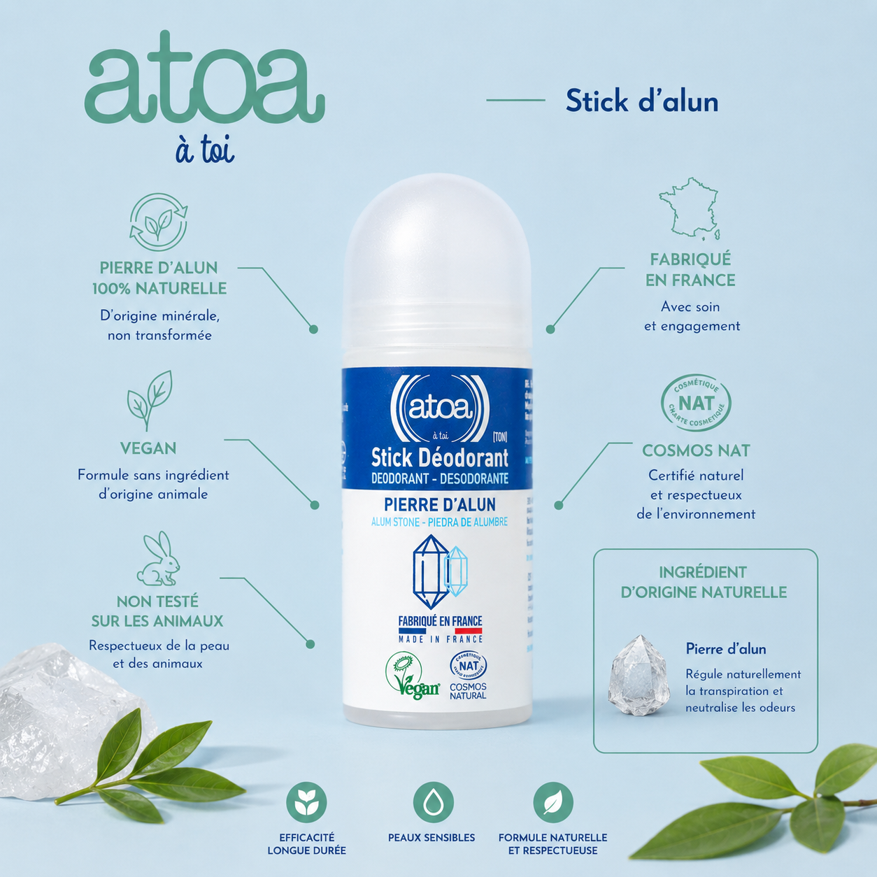 ATOA - Stick d'Alun déodorant certifié COSMOS NAT