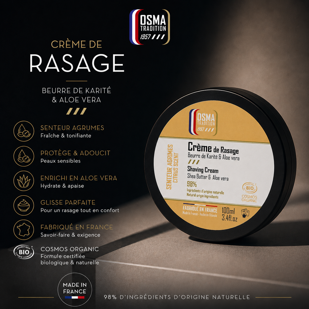 OSMA TRADITION - Crème de Rasage - AGRUMES - certifiée COSMOS ORGANIC